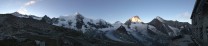 Dawn view from Grand Mountet Hut, Swiss Alps, including Zinalrothorn, Ober Gabelhorn and Dent Blanche.
