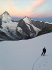 Chris on glacier at dawn, en route to N Ridge of Zinalrothorn from Grand Mountet Hut.