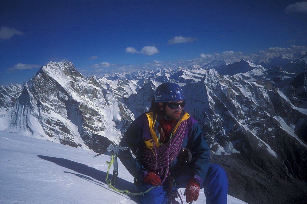 Mick Fowler on the summit of Cerro Kishtwar in 1993 with Kishtwar Kailash behind him on the left  © Mick Fowler Archive