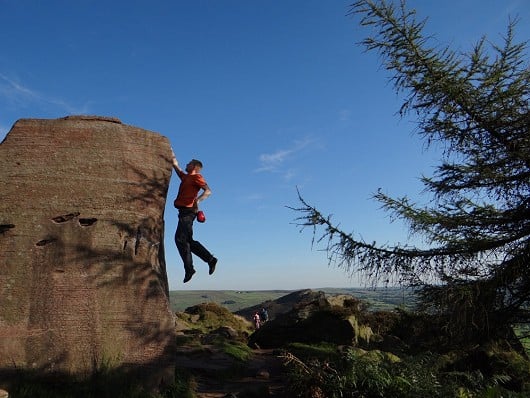 Paul going dyno for the top of Joe's Arete, the Roaches Upper Tier  © frume