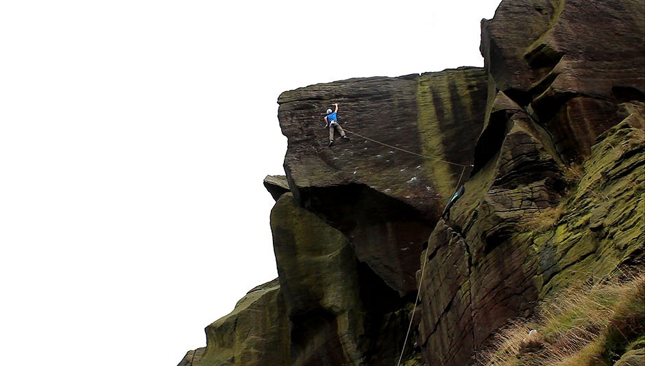Nathan Lee on the top crux of his new E9 'Unknown Stones' at Wimberry  © Neil Furniss