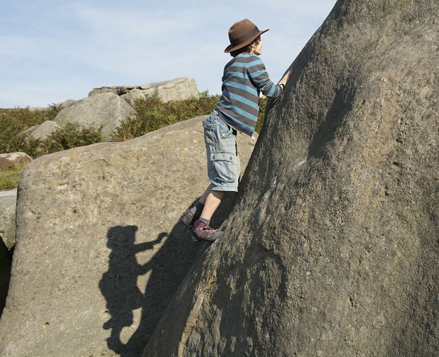 Luke Green, chased by his shadow up Wall Past Slot V0 at Burbage South  © Alan James