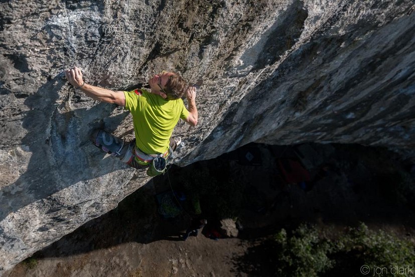 Ethan making one of the big moves on the Extension to Mecca, 8c  © Jon Clark