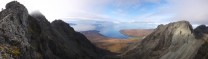Panoramic view of Coire Lagan and the Minch from Sgurr Mhic Coinnich