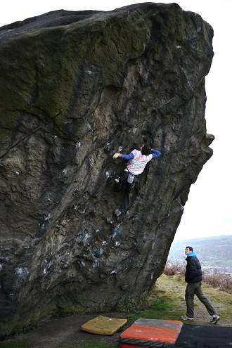 Jacob Cook on his flash ascent of the hard and high Cindy Crawford 7C, Ilkley  © Alistair Brash