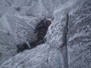 Just after a tough move on the chock stone in fiacaill couloir