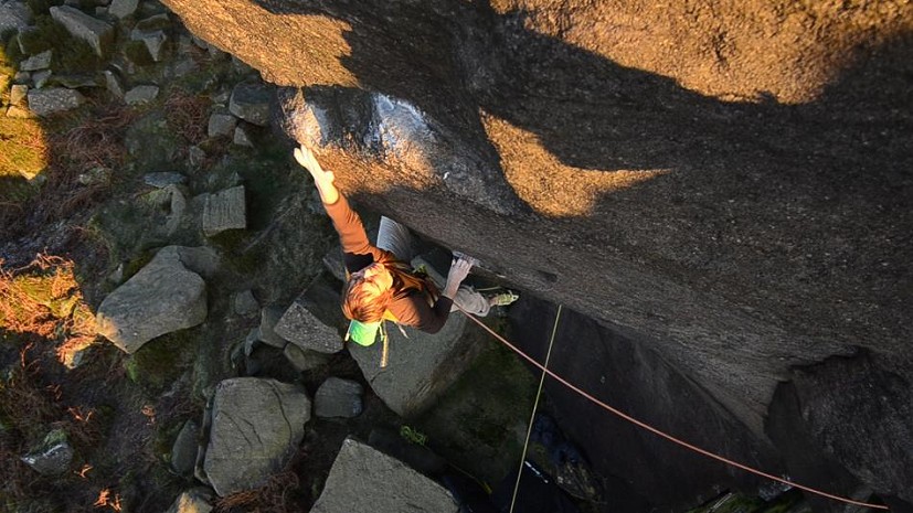 Ben Bransby making a long stretch on the re-ascent of Parthian Shot, E9/10  © Outcrop Films