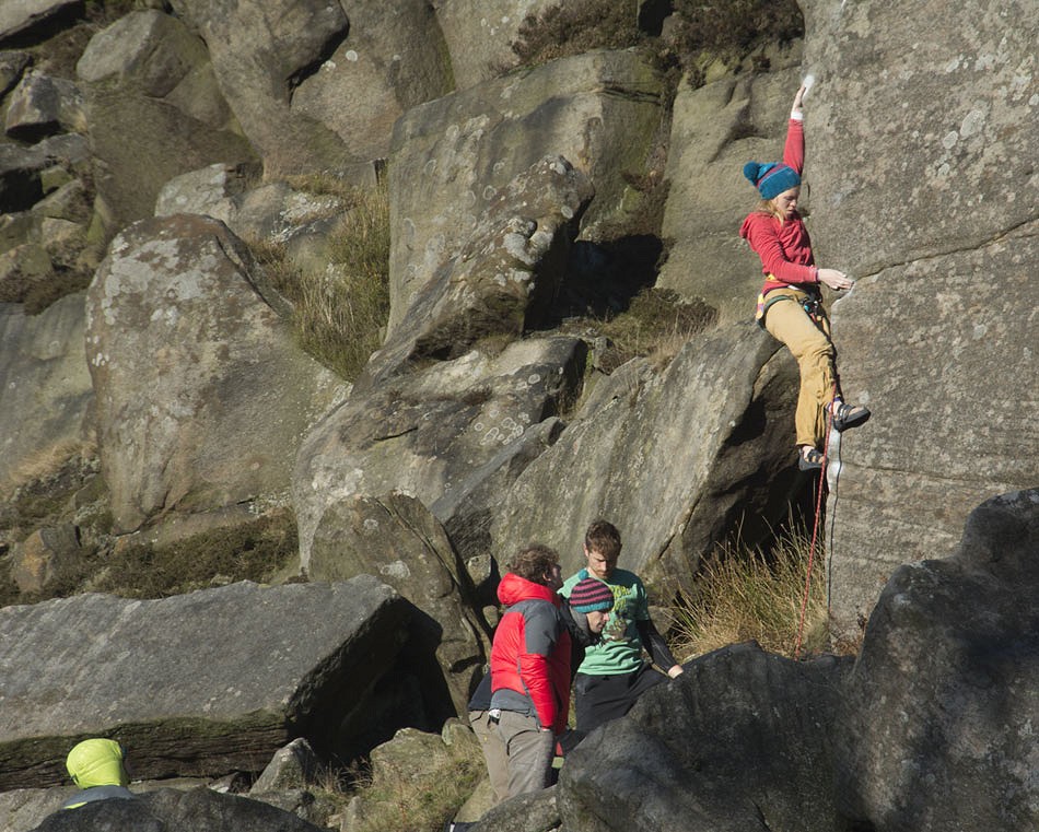 Mina attempting Unfamiliar on her first session on the route  © Alan James