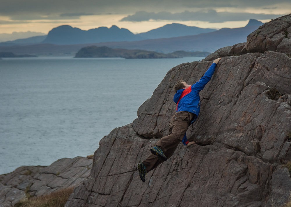 Bouldering in front of Loch Broom and Suilven  © stevethex