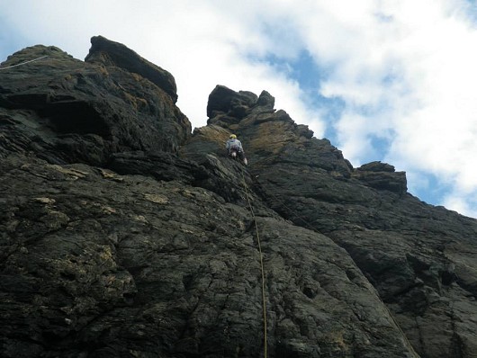 Just after getting soaked on the belay ledge on Blind Pew, Pen Olver  © JoeCoxson