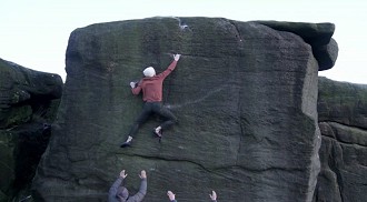 Ty Landman on the FA of Smiling Buttress, Curbar  © Ben Pritchard