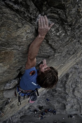 Dougal redpointing a steep 8b at the huge Sarre Roof, Aosta Valley, Italy  © Jonny Baker