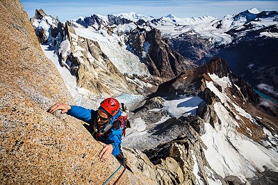 Alexandre Buisse above the crux pitch on the classic Comesaña-Fonrouge (6b+) on Aguja Guillaumet. Patagonia, Argentina.   © Ulrik Hasemann