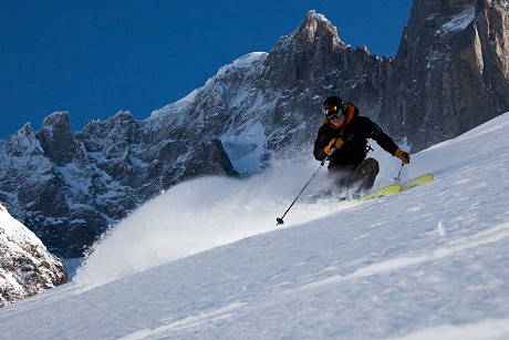 A good skier can adapt to any type of ski or terrain. Here Ben O'Connor-Croft skis fast beneath the Petit Dru, Chamonix  © Jack Geldard