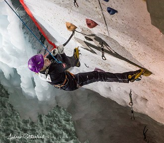 Emma on the hideous stein pull on the final route of the UIAA World Youth Ice Championships 2014  © Andrew Rutherford