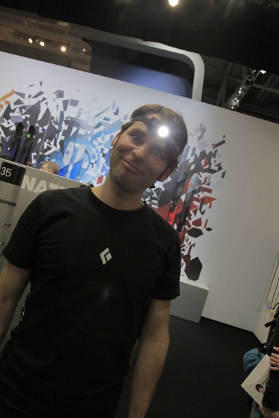 Christian Lehmann shows the new emergency light from Black Diamond  © UKC Gear