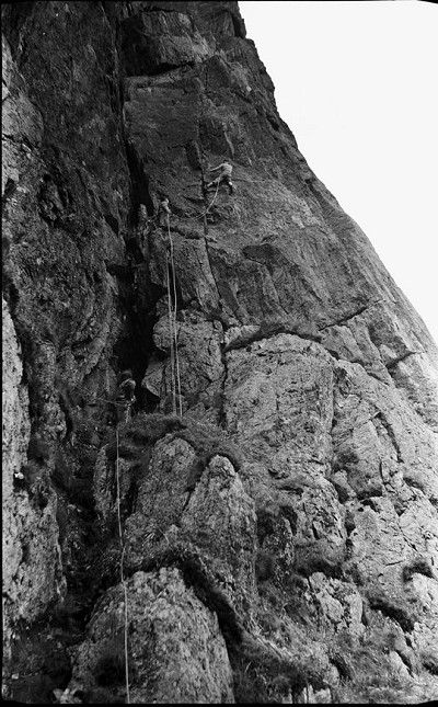 Hugh Banner, Joe Griffin, Mike Harvey on Cloggie. Wish to identify route.  Can anyone help?  © akcoverdale