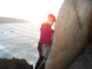 Camilla about to lead the last pitch of Doorpost before sunset.