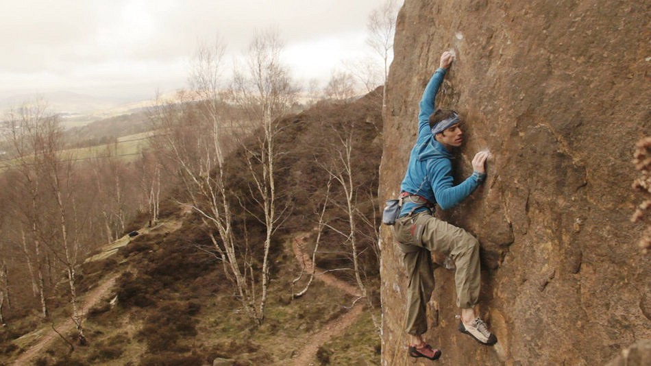 Tom Randall on the crux of Pure Now, E9 6c, Millstone Edge  © Guy Van Greuning