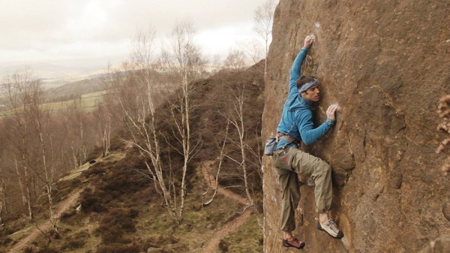 Tom Randall on the crux of Pure Now, E9 6c, Millstone Edge  © Guy Van Greuning