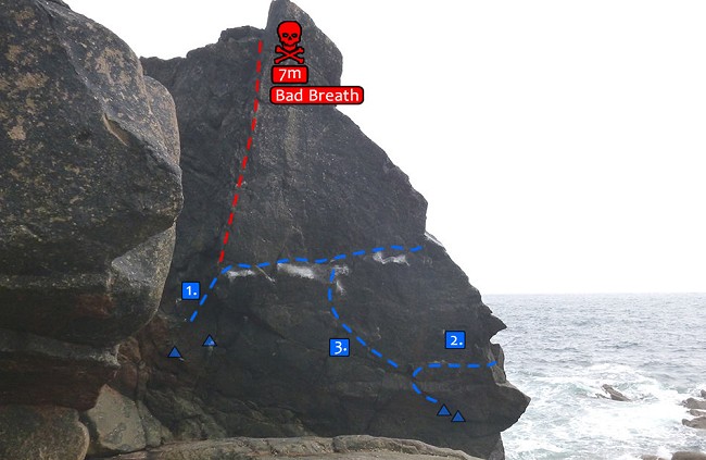 Topo showing the line of Wonderland, 8A, Priest's Cove, which is line no. 3  © Tom Bunn