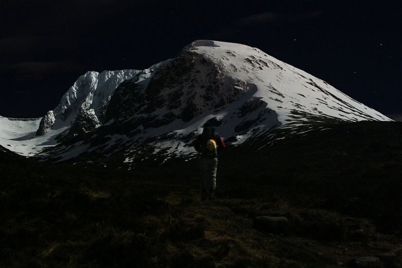 A moonlit midnight approach into the Ben during a night accent of Tower Ridge.  © Luke McPhee