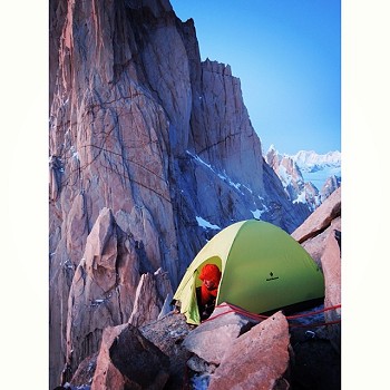 Day 1 of extreme camping on the Fitz Traverse. The intimidating North Pillar of Fitz Roy in the background  © Alex Honnold / Tommy Caldwell