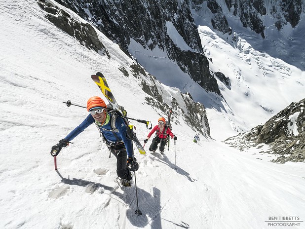 Misha Gopaul and Stuart Johnstone climbing the SW Couloir of the Aiguille de l'Eboulement before skiing the line.   © Ben Tibbetts