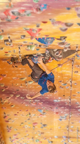 Ed Hamer powering up the Petzl 'Super Route' to take 1st place, Kendal's Grand Day In  © Kendal Wall