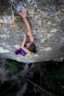 Technical pocket climbing on El Sombre del Viento (8a).
