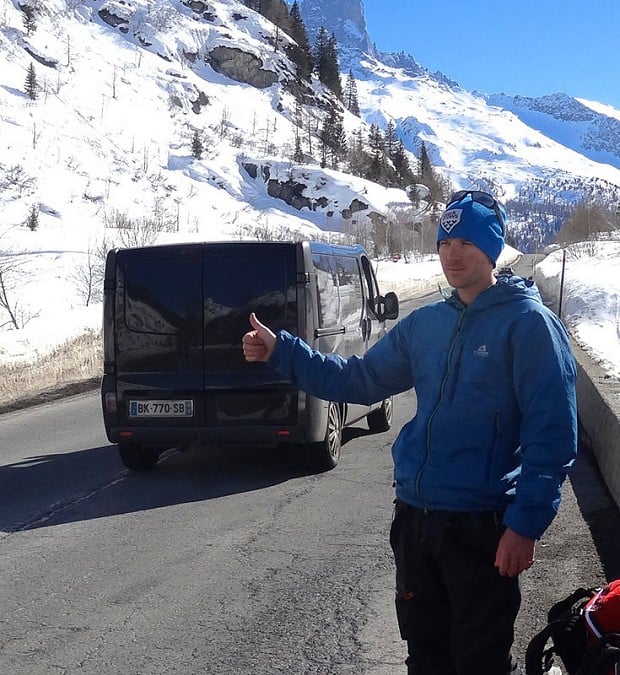 Hitching (unsuccesfully it would seem!) at the Col des Montets.  © Charlie Boscoe