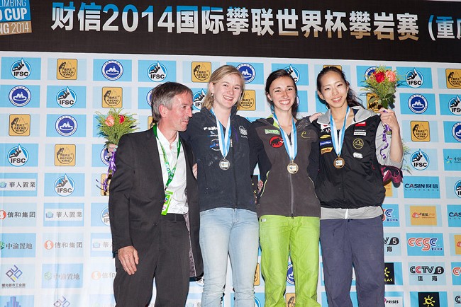 Shauna Coxsey on the podium in 2nd place at Chongqing 2014  © Heiko Willelm