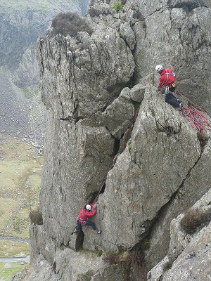 trish1968 and Nick Bennett on the final pitch of Flying Buttress Dinas Cromlech.  © Some kind stranger