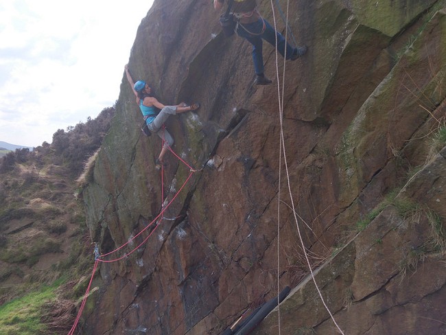 Naomi Buys making the FA of Overlooked, E7 6b, Newchurch Quarry  © Buys Coll.