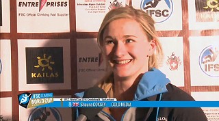 Shauna Coxsey after winning her first gold medal at Grindelwald, Switzerland 2014  © IFSC (Screenshot from video)