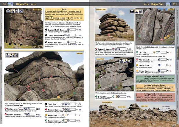 A spread from the new Peak Bouldering guide showing the circuits at Burbage South Valley crag.  © Rockfax