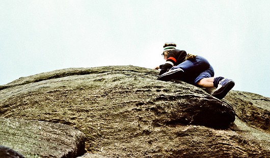 Demon Wall from a different angle. Paul Ingham climbing. 1978.  © Tony Marr
