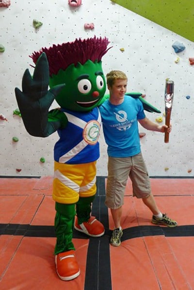 Calum Muskett with the 2014 Commonwealth Games Mascot; Clyde  © Chas Muskett