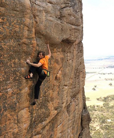 Robbie Phillips heading to the slab finish on the Arapiles classic Lord of the Rings, 8b  © Tracey Hua