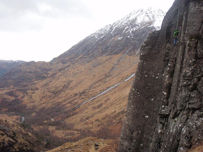 Kev Shields checking out the line running straight up the slab, Glen Nevis byond  © Shields coll.