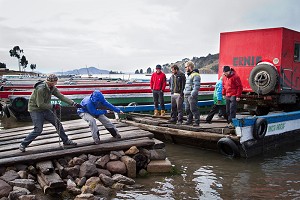 Ernie docking after a dodgy ferry crossing Lake Titicaca, Bolivia  © Hot Rock