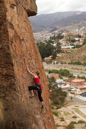 Sarah Jenkins climbing a delicate slab near La Paz  © Hot Rock