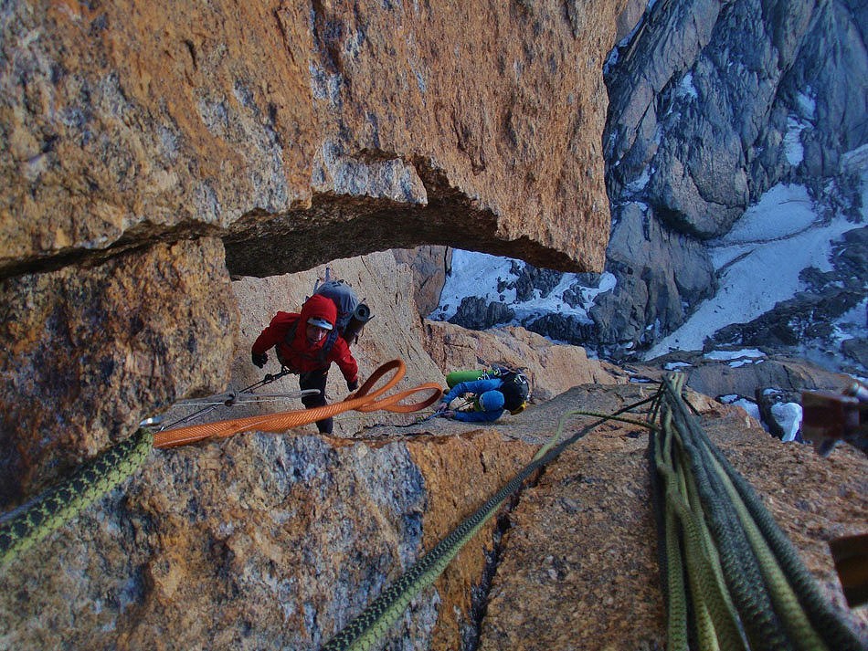 Using the device with two seconds on the Freney Pillar of Mont Blanc  © Tim Neill