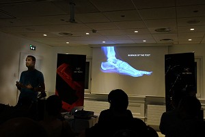 Federico Sbrissa of Arc'teryx shows how the new footwear line has been designed around the anatomy of the foot  © Jack Geldard