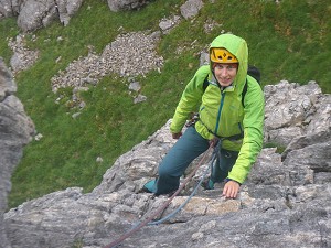 Maria Parkes, UKC competition winner, testing the Marmot Womens Adroit Jacket at the crag  © Carol Goodall
