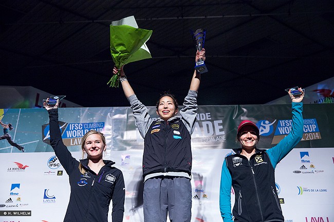 An excellent overall position of 2nd place for Shauna Coxsey (left) in the 2014 IFSC Boulder World Cup  © IFSC/Heiko Wilhelm