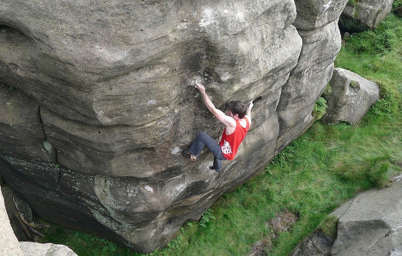 Dan Varian climbing the lower section of Hobbie Noble, 8B, Christianbury Crags  © Mickey Stainthorpe