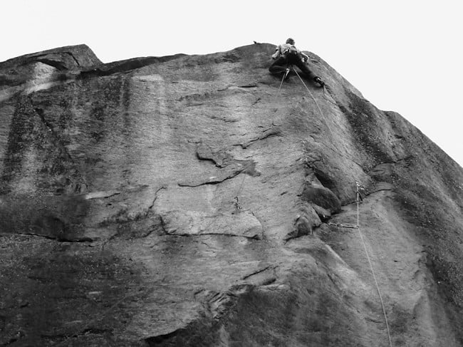 Pete Whittaker making the 2nd ascent of Dreadline, E9 6c, Sweden  © Whittaker coll.
