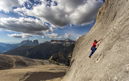 Pat climbing at the seldom frequented Pian dei Fiacconi on the north side of the Marmolada.   © James Rushforth