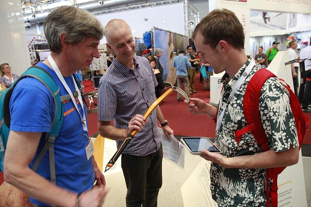 Alan James, Clive Allen and Duncan Campbell admiring the new Petzl Summit Evo  © UKC Gear